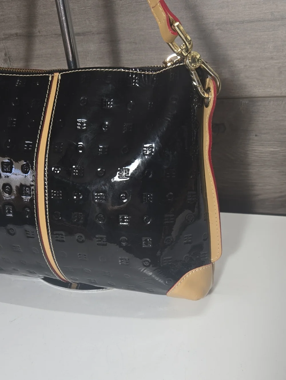 Arcadia Black Patent Italian Leather Crossbody  Shoulder Bag with Tan Trim